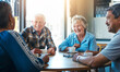 © peopleimages.com - Senior, people and group relax on holiday at cafe on vacation in retirement. Elderly, friends and talk at coffee shop with latte, espresso and drink cappuccino and chat in city morning with tea