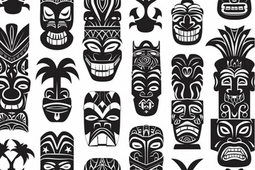 Wall Mural - A seamless pattern of traditional tiki masks, each with a distinct design and expression