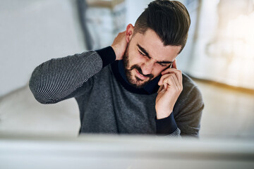Aufkleber - Neck pain, business man and phone call with headache, stress and anxiety by computer in office. Tech, conversation and employee with online, digital and internet project with work problem and glitch