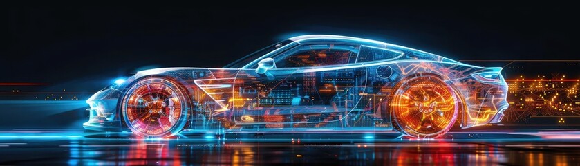 Connected car technology, side view, vehicle telemetry data, robotic tone, Tetradic color scheme.