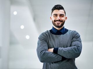 Poster - Crossed arms, office and portrait of business man with company pride, confidence and smile in building. Creative agency, professional and happy person for career, work and job opportunity in startup