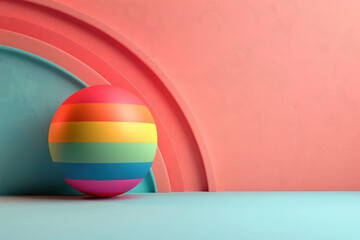 Poster - A rainbow ball is placed on a pink background. The ball is colorful and has a rainbow pattern. The pink background gives the image a playful and cheerful mood