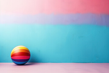 Poster - A colorful ball sits on a blue wall. The wall is painted with a gradient of colors, creating a vibrant and lively atmosphere. The ball's rainbow colors contrast with the blue wall