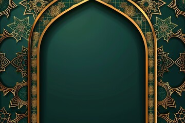 Wall Mural - landscape greeting banner card composition with empty center insert text copy space 3d concept render in green and gold scheme with arabic arch,