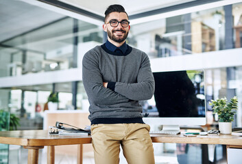 Aufkleber - Happy, crossed arms and portrait of businessman in office with company pride, confidence and smile. Creative startup, professional agency and person for career, work and job in modern workplace