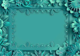 teal turquoise color paper cut style Mexican traditional vector illustration, rectangular frame with white background, floral and geometric
