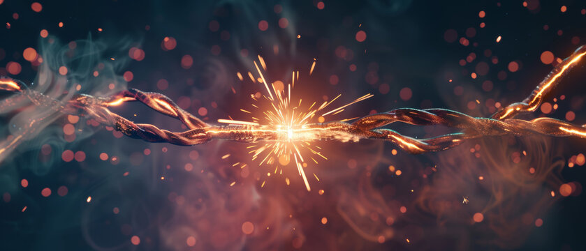 Sparks fly as two copper wires meet, symbolizing connection amidst a backdrop of fiery bokeh.