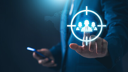 Fototapete - Customer Relationship Management. Businessman choosing customer by Analysis and data network exchange. customer service, social media. digital marketing online.