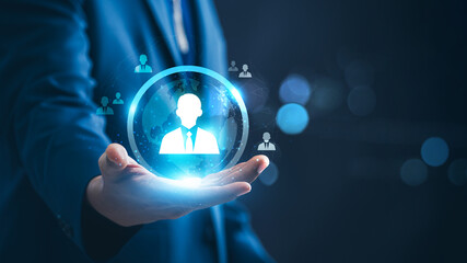 Fototapete - Customer Relationship Management. Businessman choosing customer by Analysis and data network exchange. customer service, social media. digital marketing online.