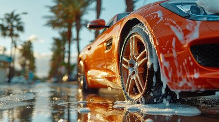 Wet car with a soap on it during a car wash