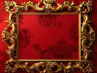 Ornate Baroque Gold Frame on Deep Red Luxury Background with Copy Space