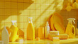 © VK Studio - A monochrome collection of cleaning products in a sunny yellow room.