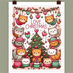 Wall Mural - A poster with cats and christmas tree image realistic lively has illustrative meaning has illustrative meaning illustrator.