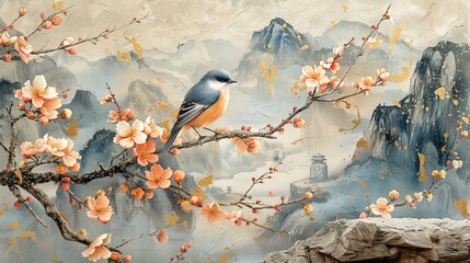 Wall Mural - Artistic abstract background. Vintage illustration. Flowers, branches, birds, golden brushstrokes. Oil on canvas. Modern Art. Grey wallpaper, poster, card, mural, print, wall art......