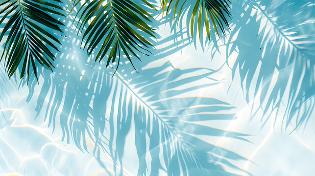 background with palm trees Top view of tropical leaf shadow on water surface. Shadow of palm leaves on white background. Beautiful abstract background concept banner for summer vacation at the beach.