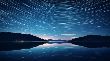 Generate a professional night sky astrophotography image with a lake reflecting the stars in the water