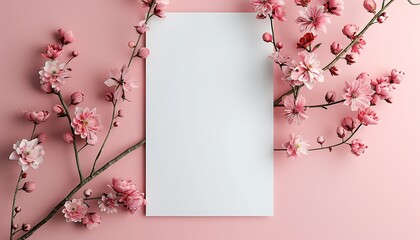 Wall Mural - Blank paper card with blooming sakura branches on pink background