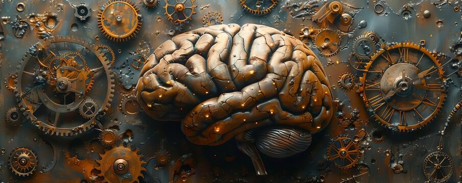 An artistic representation of a brain connected to antique clock gears, merging time and thought