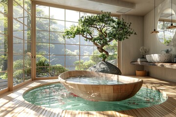 Wall Mural - Zen-inspired bathroom with wooden accents, large soaking tub, and centered bonsai tree.
