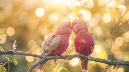 Wall Mural - Valentine's Day photo of two pink love birds kissing on a tree branch on a sunny day outside with lots of sunshine and ambient light