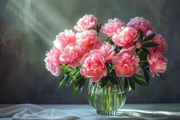 Wall Mural - A cluster of pink peonies in a glass vase against a dark backdrop, casting delicate shadows