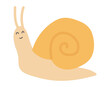 Cute snail in flat design. Adorable happy slow slug with orange shell. Vector illustration isolated.