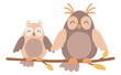 Cute owls on branch in flat design. Birds sits on twig with orange leaves. Vector illustration isolated.