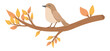 Cute bird on branch in flat design. Birdie sits on autumn leaves twig. Vector illustration isolated.