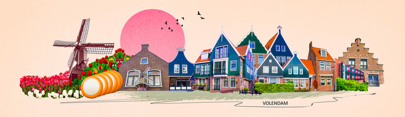 Wall Mural - Beautiful wooden houses. Typical small Dutch houses facades in Volendam, Netherlands