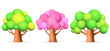 3D green, pink trees on white background. Set of forest plants.