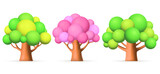 Fototapeta  - 3D green, pink trees on white background. Set of forest plants.