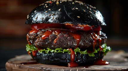 Canvas Print - Close up of a big black burger featuring beef patties and tomato sauce representing fast food concept