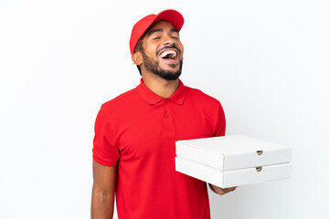 Poster - pizza delivery man picking up pizza boxes isolated on white background laughing