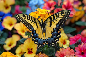 A close-up of a vibrant butterfly resting on a bed of exotic flowers