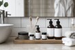 © Amni - skincare products minimalist arranged in bathroom