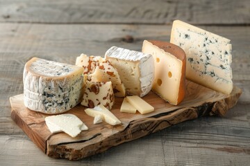 Wall Mural - gourmet cheeses arranged on a rustic wooden board