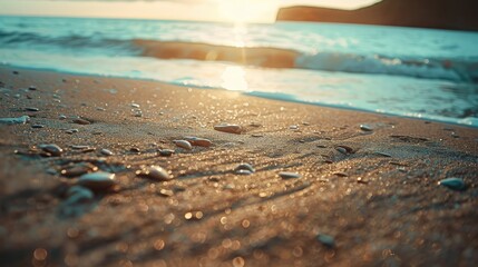 Poster - Close up shot of a sandy beach near the water at sunrise or sunset with a vintage filter applied