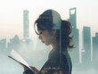 Silhouette of a woman reading a book with a cityscape superimposed, symbolizing the blend of knowledge and urban life.