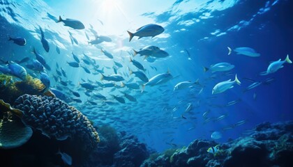 Wall Mural - Groups of giant Tuna fish in the underwater, coral reef, amazing underwater life, various fish and exotic coral reefs, ocean wild creatures background