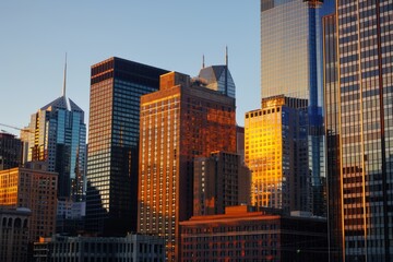 Soft morning light illuminating urban skyscrapers