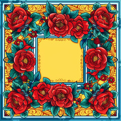 Wall Mural - A vibrant blue background with a yellow border, adorned in the style of colorful Indian truck art with floral patterns and roses in red color, leaving an empty