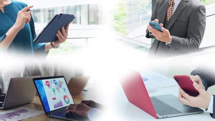 Aufkleber - Collage video of various business scenes with various digital devices. Blur transition from white background.