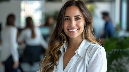 Wall Mural - Confident young woman in white shirt at the office, smiling at the camera. Professional lifestyle portrait with blurred background. AI