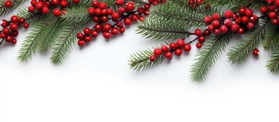Poster - A festive Christmas fir tree adorned with spruce branches red ornaments and red barberry berries The top view showcases the white background providing ample copy space for a Christmas or New Year bac