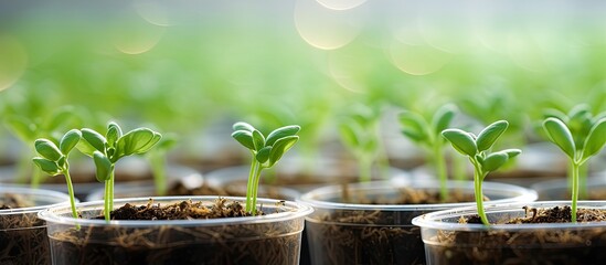 Aufkleber - agricultural copy space image featuring small cantaloupe sprouts growing in plastic containers on fe