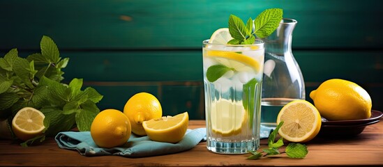 Aufkleber - A refreshing glass of homemade lemonade along with a reamer and various fruits is beautifully arranged on a wooden table in a flat lay composition Ample space is provided for text