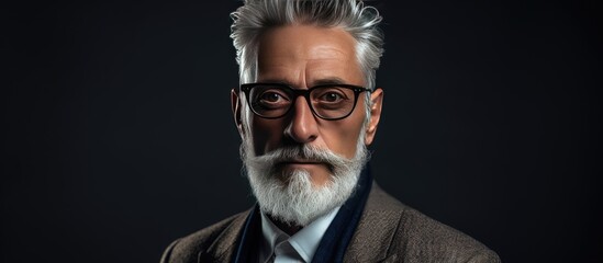 Poster - An old and stylish man exuding confidence gently touches his fashionable spectacles while lost in a dreamy gaze He is captured in a portrait wearing modern clothing against a grey backdrop leaving ro