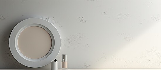 Poster - Light grey background with an open face powder and mirror leaving ample space for text in the image