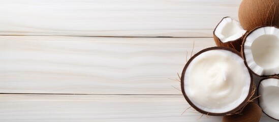 Aufkleber - A white wooden background with an organic cosmetic cream and a coconut providing plenty of copy space for text or images