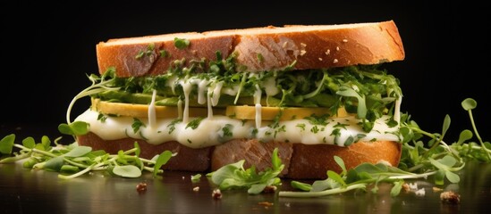 Poster - An appetizing sandwich featuring a combination of cheese herbs and the perfect spot for adding your own text. Creative banner. Copyspace image